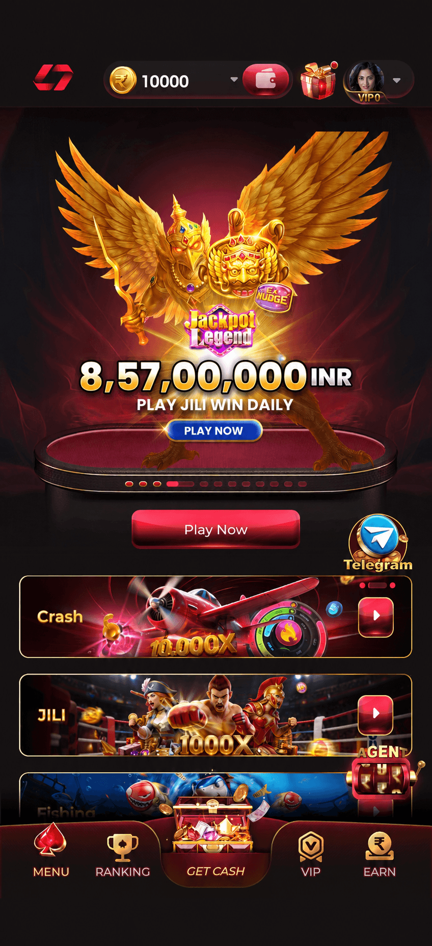 IN7 app home lobby showing the Jackpot Legend banner, the live jackpot total and Crash, JILI and Fishing rails