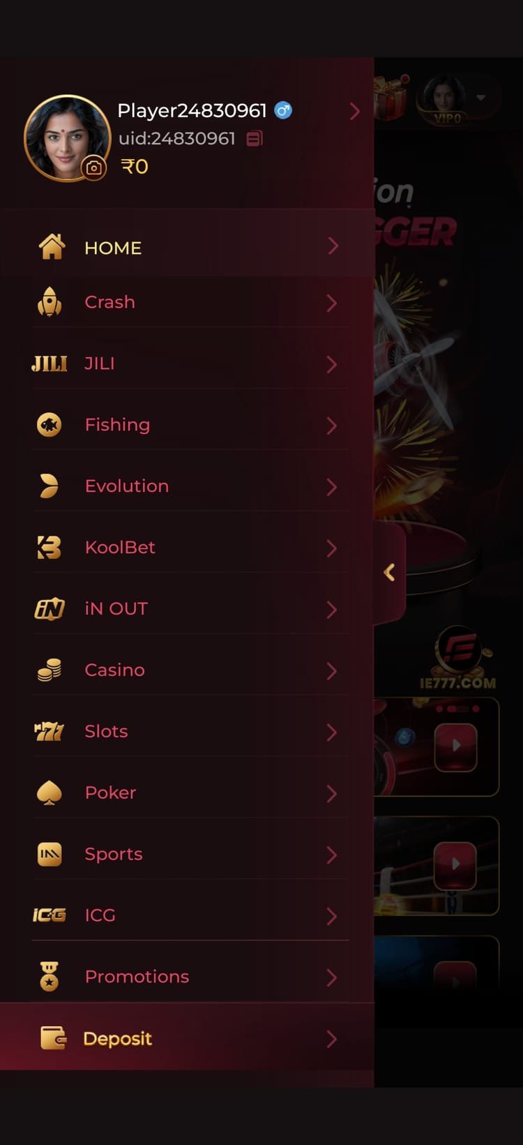 IN7 app side menu listing Crash, JILI, Fishing, Evolution, Casino, Slots, Poker, Sports and Promotions