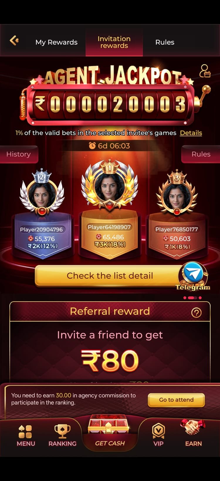 IN7 app agent jackpot screen with a rupee counter, top three referrer podium and referral reward amount