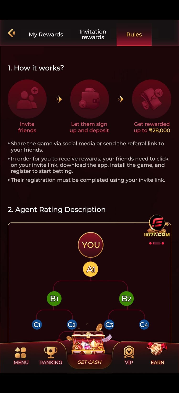 IN7 app referral rules screen explaining invite, sign-up and reward steps with an agent tier diagram